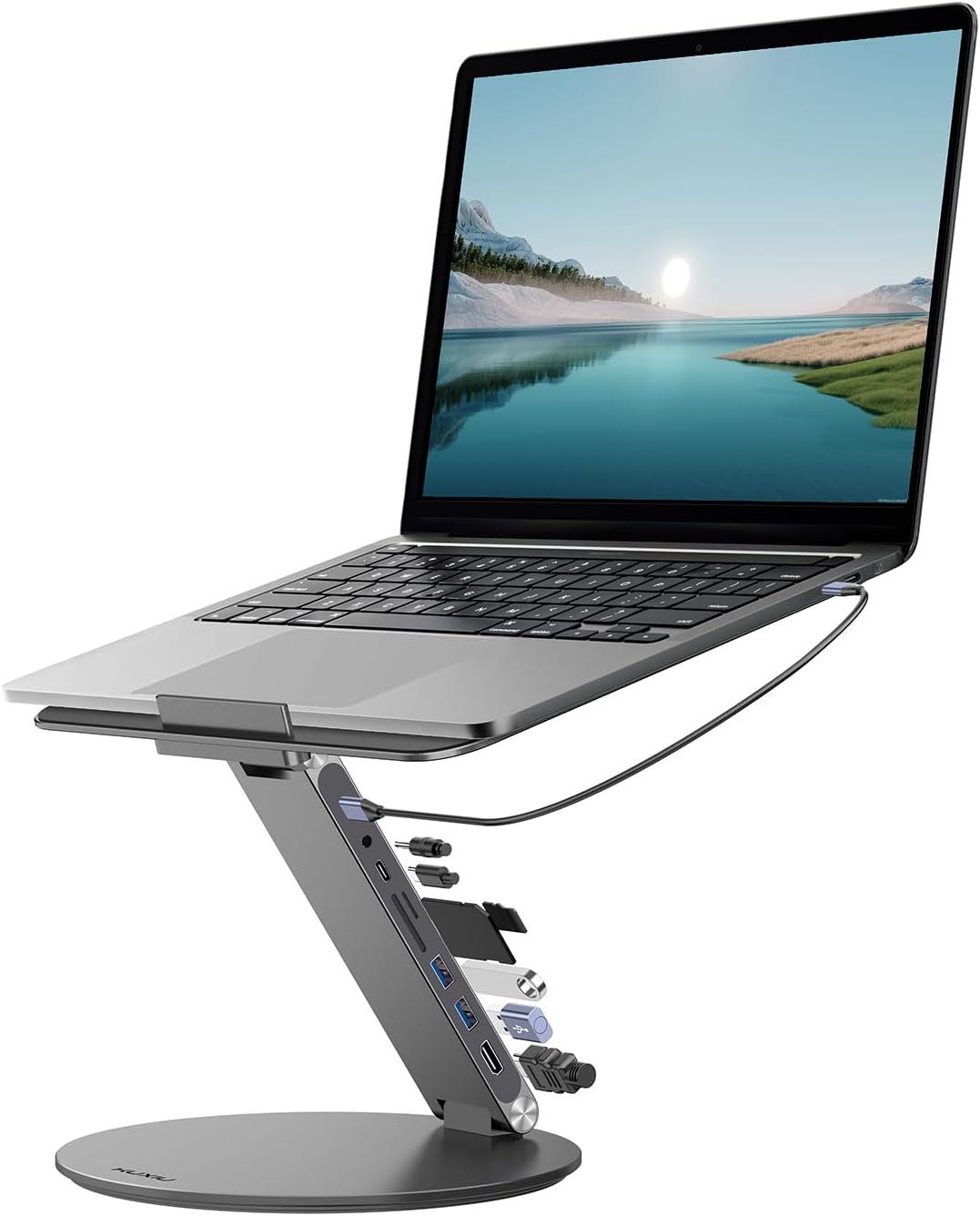 KU XIU Adjustable Laptop Stand with 8 in 1 USB C Hub, Foldable Portable Computer Notebook Stand with 360° Rotating Base, Riser Holder Mount for All 10-17" Laptops (Gray)