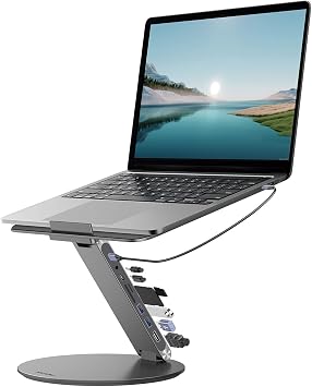 KU XIU Adjustable Laptop Stand with 8 in 1 USB C Hub, Foldable Portable Computer Notebook Stand with 360 Rotating Base, Riser Holder Mount for All 10-17" Laptops Gray