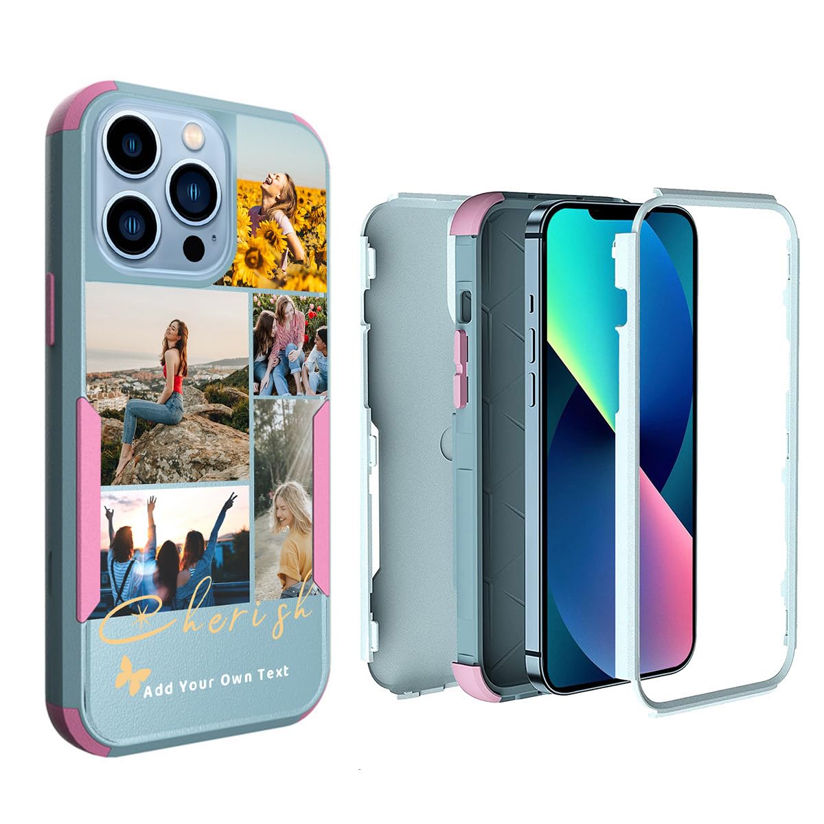 Personalize Photo Case for iPhone 13 Pro Apple Phone Cherish 5 Collage Pattern, Customized Picture Name on 3 Layers Shatterproof Rugged Bumper