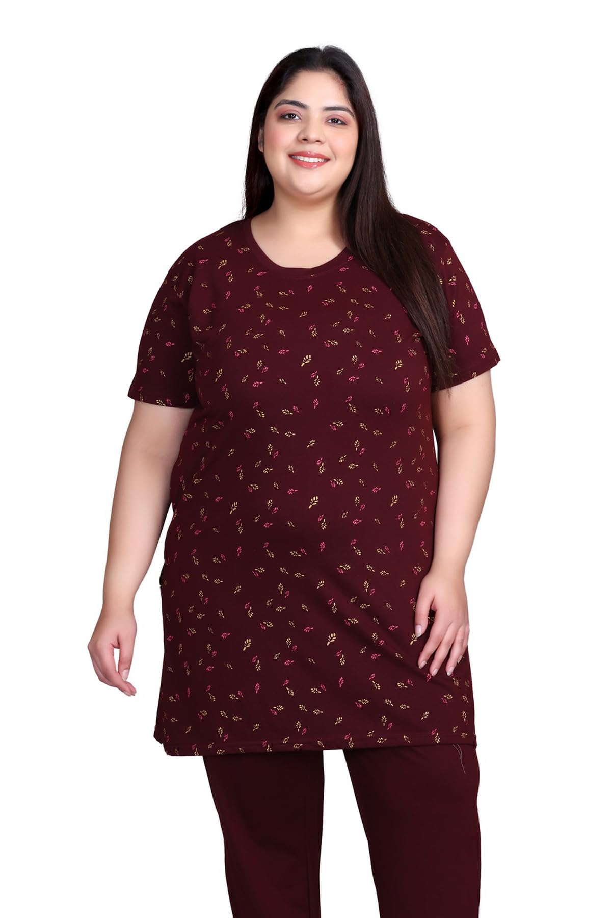 RYSH Women's All-Over Printed Cotton Plus Size Longline T-Shirt with Pockets