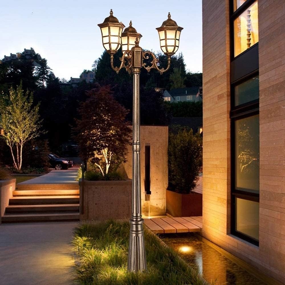 Outdoor Lamp Post Light,3-Lights American Victorian Retro Glass Lantern Landscape Street Lamp, Brown Pole for Outside, Anti-Rust Aluminum,out(One Color-300cm) (One Color 215cm)