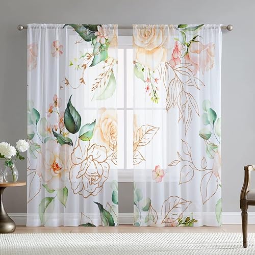 Miniatura 1 de Cortinas de hojas de rosas para sala de estar de 84 pulgadas de largo, juego de 2 paneles elegantes con estampado floral de primavera, cortinas