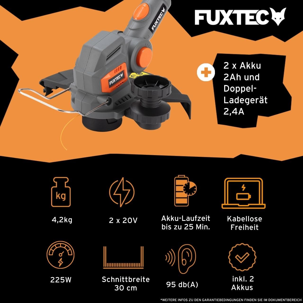 FUXTEC Akku Motorsense FX-E2RTSET • Rasentrimmer mit 2x20V Akku-System • 30 cm Schnittbreite • Teleskopstiel 138,5–173,5 cm • 8000 U/min • Trimmer und Kantenschneider mit Pflanzenschutzbügel