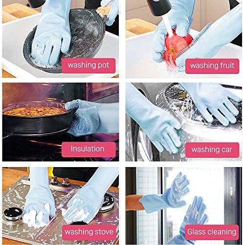 ANZOEE Reusable Silicone Dishwashing Gloves, Pair of Rubber Scrubbing Gloves for Dishes, Wash Cleaning Gloves with Sponge Scrubbers for Washing Kitchen, Bathroom, Car and More (Gray) (Blue)