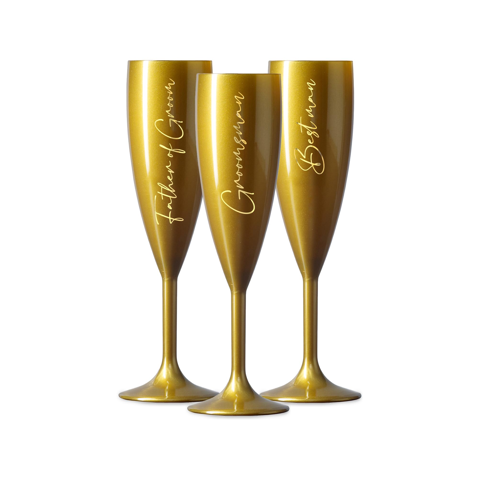 Print Maniacs Champagne Premium Gold Flute Glass Bride Groom Mr Mrs Wedding Maid Honour Wine Cocktail Prosecco Celebrations Gift (Gold, Set of 3 Grooms Set)