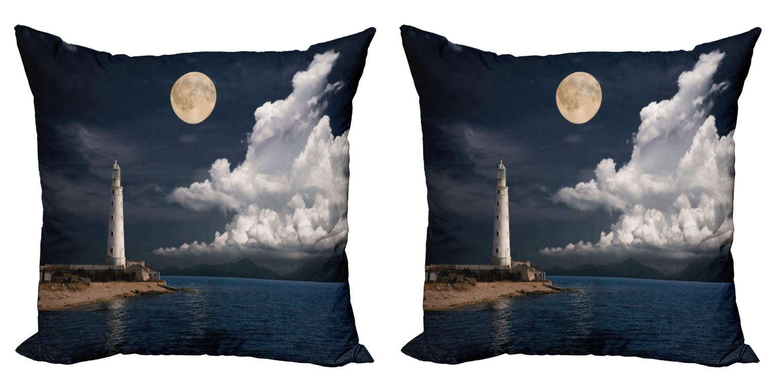 Federa Cuscino ABAKUHAUS Luna, Vecchio Faro Via Mare, 65x40 Cm, Copricuscino Quadrato Decorativo, Blu Scuro E Bianco