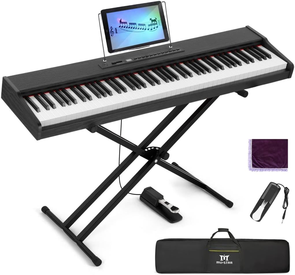 MUSTAR Digital Piano 88 Weighted Keys with Stand, Full Size 88 Key Piano Keyboard Semi Weighted for Beginners, Portable Electric Piano with USB MIDI, Wireless Connection, Case, Sustain Pedal, Black
