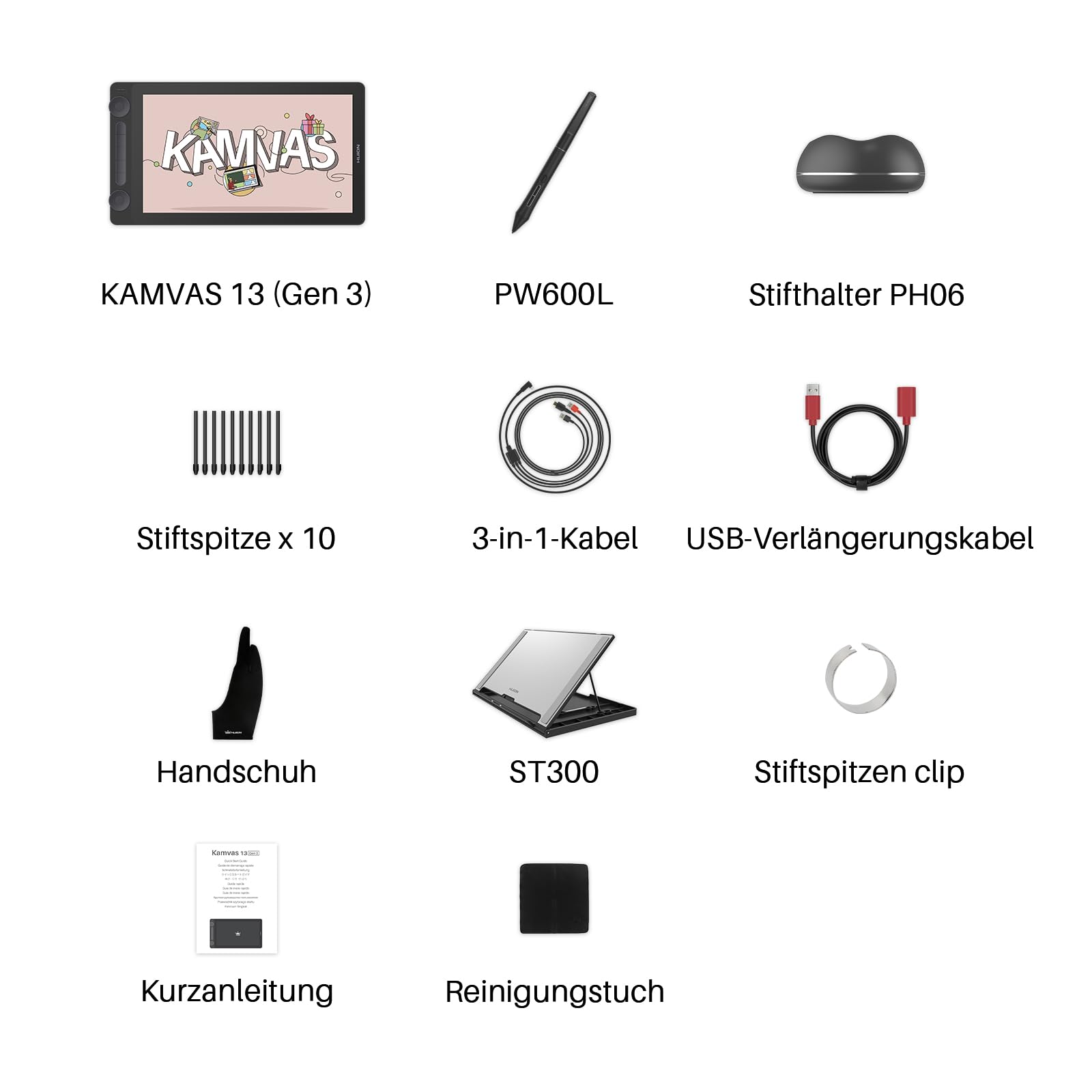 HUION Kamvas 13 Gen 3 Grafiktablett mit Display, 13,3-Zoll-Zeichenmonitor aus Canvas-Glas, 99% sRGB-Abdeckung, neues PenTech 4.0, 16384 Stiftdruck, Zwei Drehregler, Verstellbarer Ständer, Schwarz