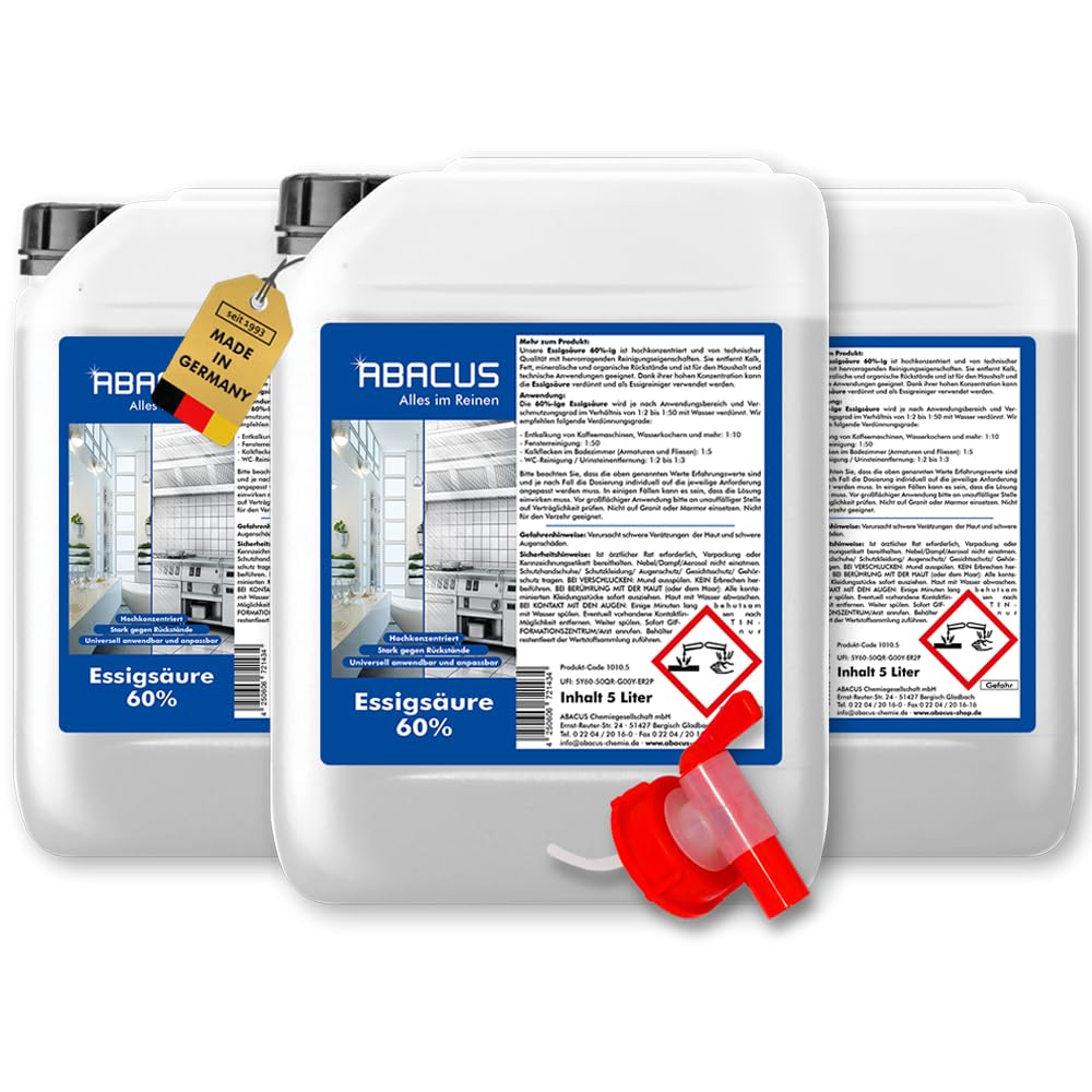 ABACUS® Essigsäure 60% | Hochkonzentrierte Essigsäure für Haushalt, Garten & Industrie | Vielseitig einsetzbar als Essigreiniger zum Reinigen & Entkalken | Individuell verdünnbar | 15 Liter