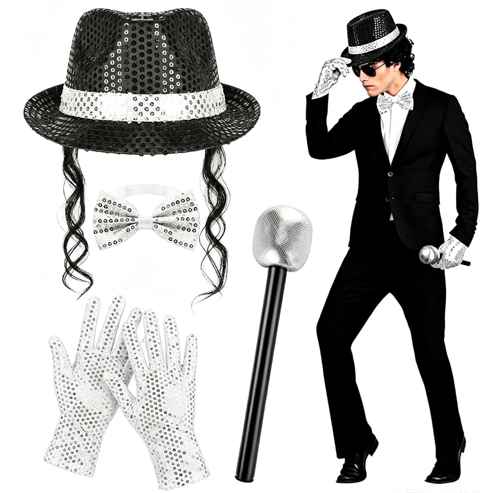 MJ Costume Accessories Adults Disco Costume Set 80s Dancer Rocker Star Cosplay Fancy Dress Accessories with Jazz Sequin Hat Glove Microphone King of Pop Fancy Dress Set for Carnival Dance Party-D