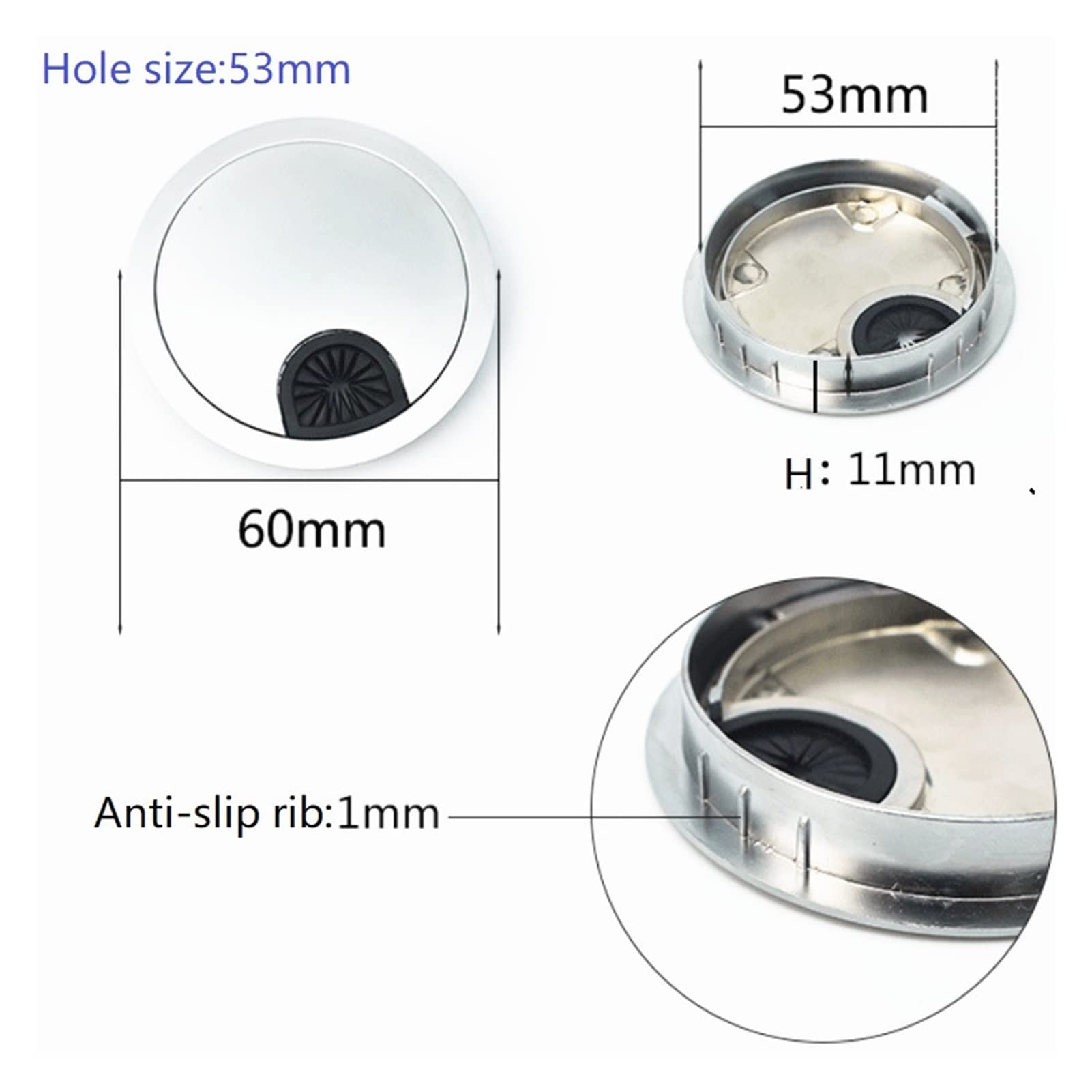Przelotka na biurko, przelotka kabel 5 sztuk/partia stolik pod komputer wylot sprzęt meblowy ze stopu cynku pokrywa otworu przewód(Silver,50mm)