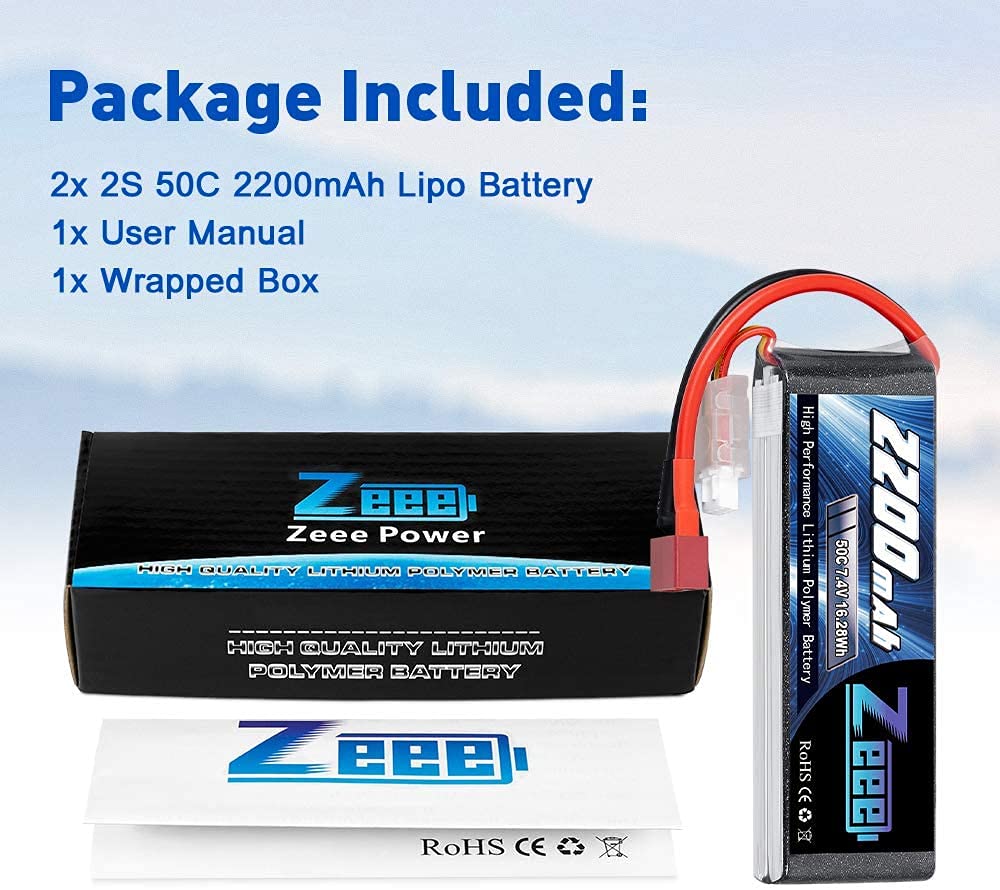 Zeee 2S Lipo 7,4V 50C 2200mAh Batteria RC con Connectore Deans T Spina per FPV Racing UAV Drone Veicolo a quattro assi elicottero RC Nave Veicolo Modells (2 pezzi)