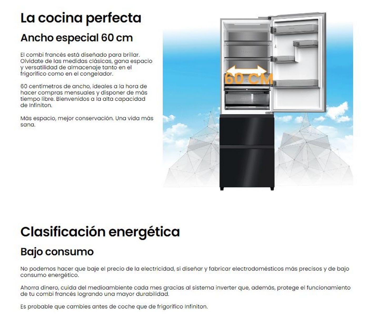 INFINITON Frigorifico Francés FRD-401T91, 401 Litros, 190 cm de Altura, E, Técnologia Inverter, Fast Cooling, Fast Freezing, Puerta reversible, Tecnología Care + space (Crystal Black || FRD-401T91NEG)