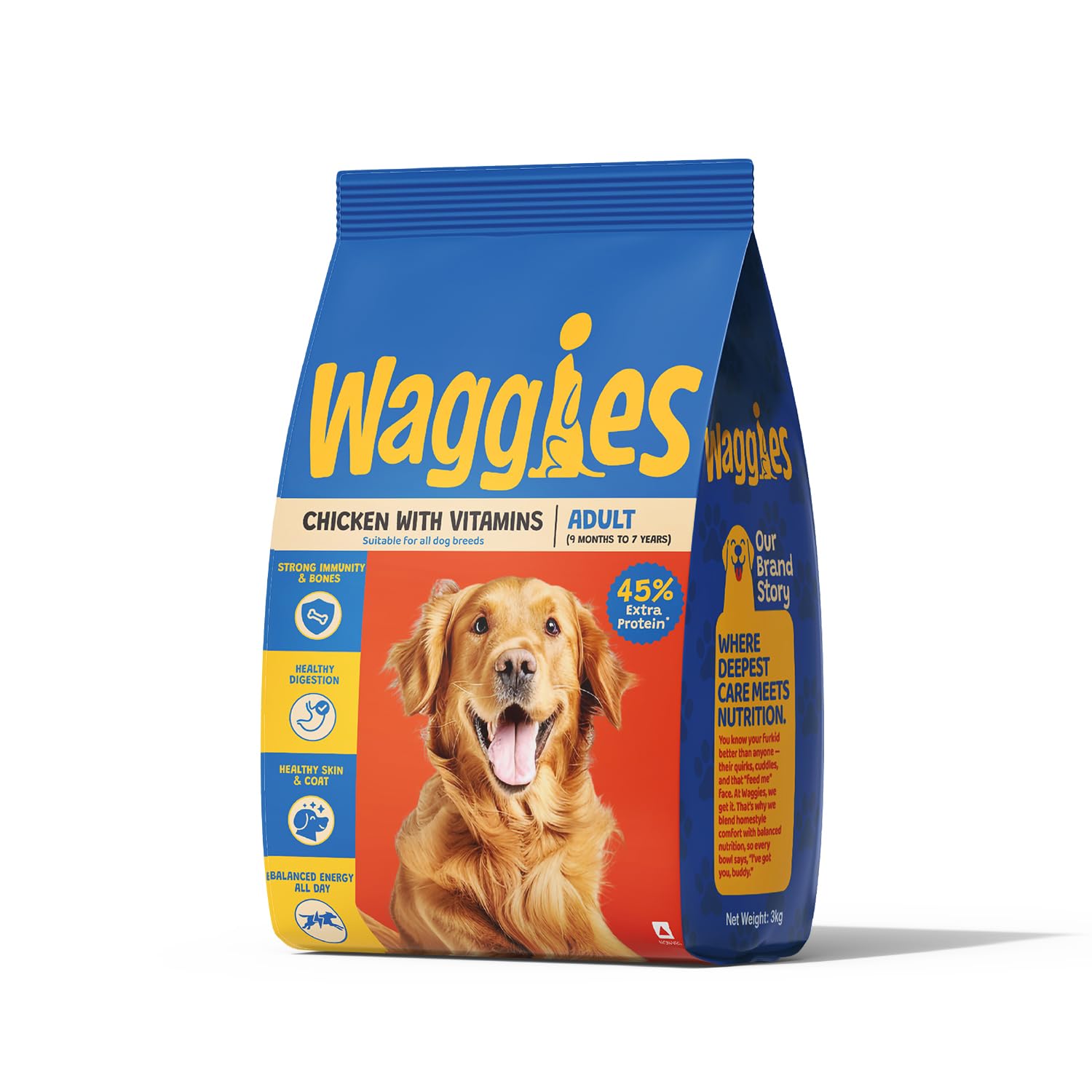 Waggies Adult Dog Dry Food 3 kg, Chicken with Vitamins, Complete Adult Dog Nutrition, Supports Strong Bones, Muscles, Healthy Skin & Coat, Digestive Support, All Breed & Sizes