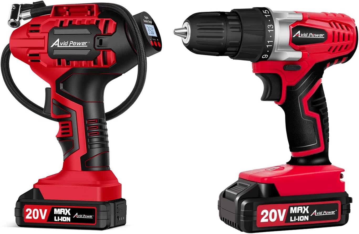 AVID POWER Tire Inflator Air Compressor Bundle with 20V Cordless Drill Set with 22pcs Drill Bits