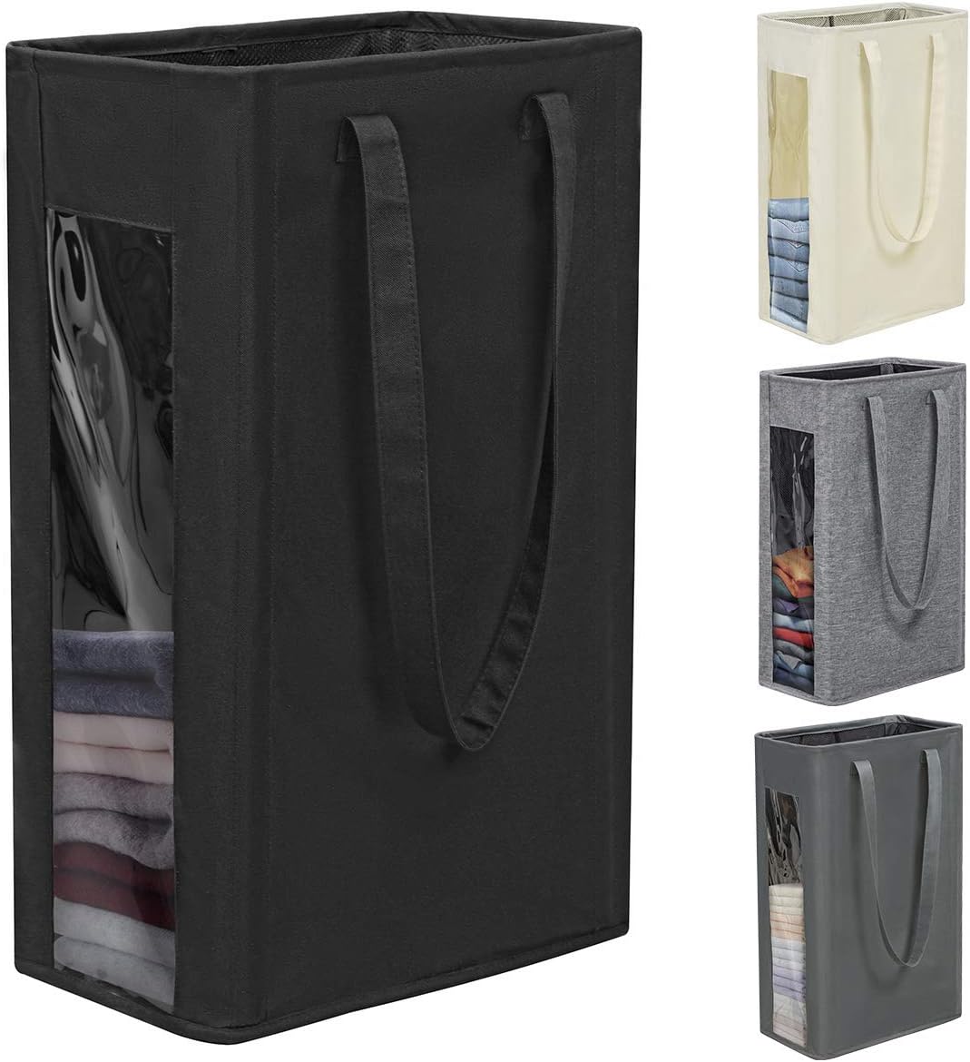 Chrislley Laundry Hamper with Visual Window 25in Slim Laundry Basket with Handle Foldable Dirty Clothes Basket Durable Thin Laundry Organizer for Corner Narrow (Black,66L)
