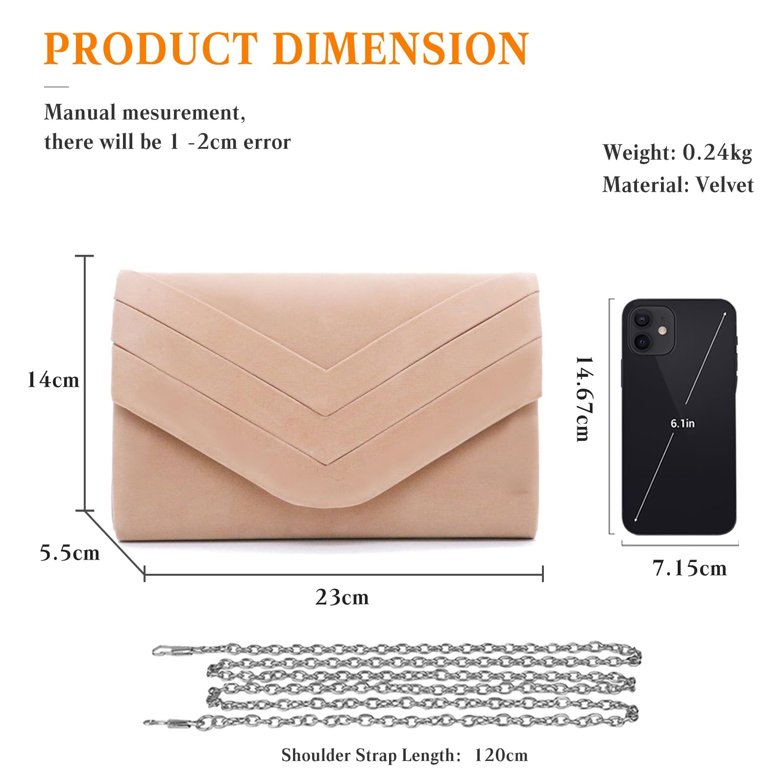 Bolsa de Noche para Mujer Terciopelo Clutch Bolso de Fiesta Bolso de Mano con Cadena Bolso de Boda Elegante Bolso de Hombro Retro Bolso Bandolera para Fiesta de Graduación Banquete Almendra