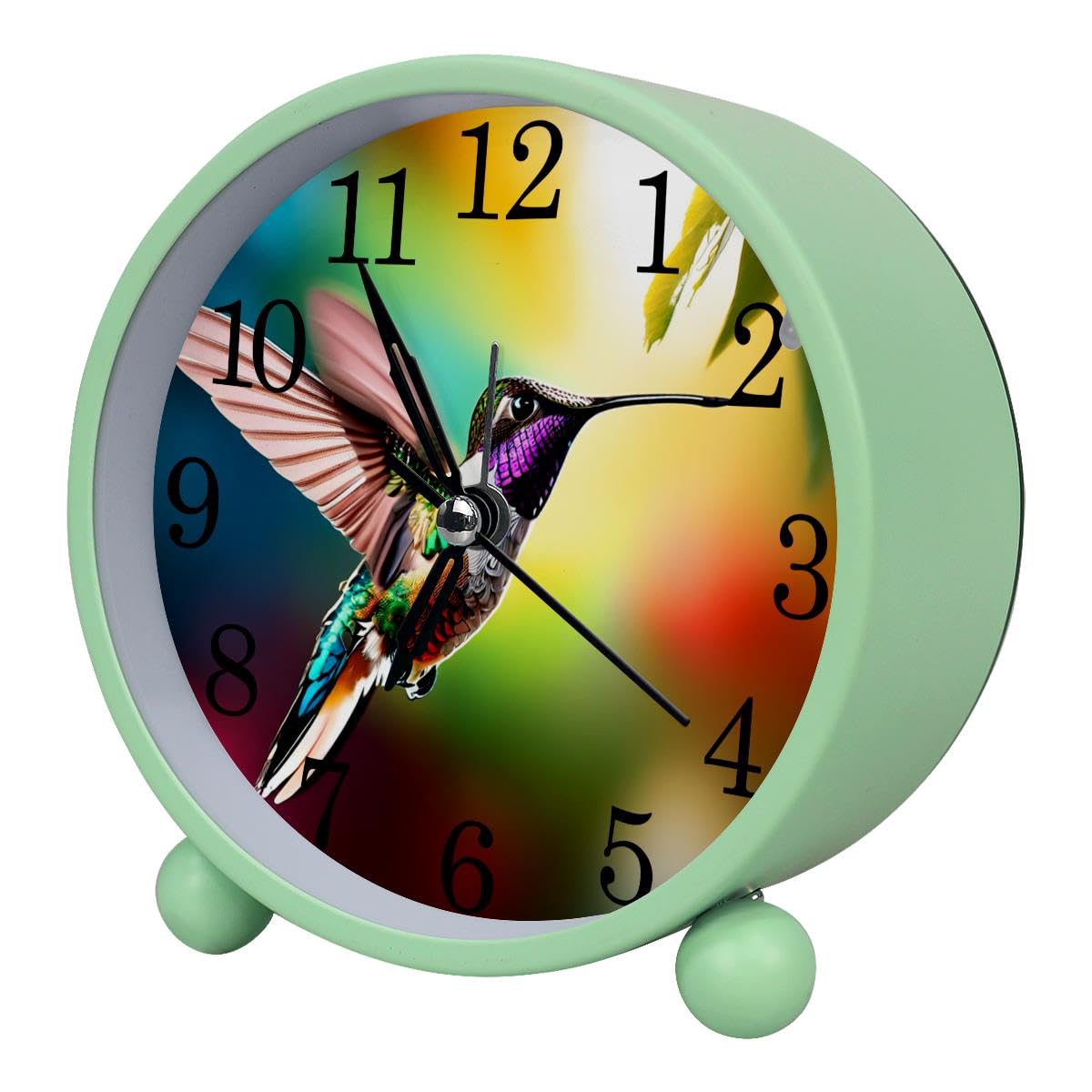 Luoweisi Alarm Clock Hummingbird, Silent Non-Ticking with Night Light, Round Metal Alarm Clock for Office, Battery Operated, Bedroom, Elderly, Adults, Children, Student Gifts