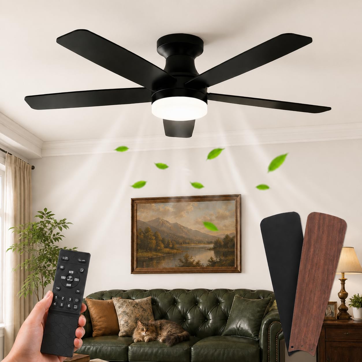 106cm Deckenventilator mit Beleuchtung Leise Flach H22cm, Doppelseitige Flügeln, Deckenventilator mit Fernbedienung & App, DC Motor, Dimmbar, 6 Stufen Reversibel für Schlafzimmer Wohnzimmer