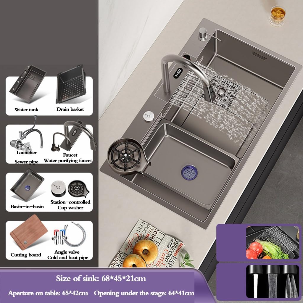 Lavello a cascata in acciaio inox a vasca singola con lavello da tavolo con rondella tazza rubinetto sifone per casa commerciale bellissimo lavello grigio bar, grigio-6,