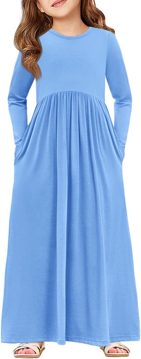 Haloumoning Girls Maxi Dress Long Sleeve Casual Holiday Dress with Pockets for 5-14 Years