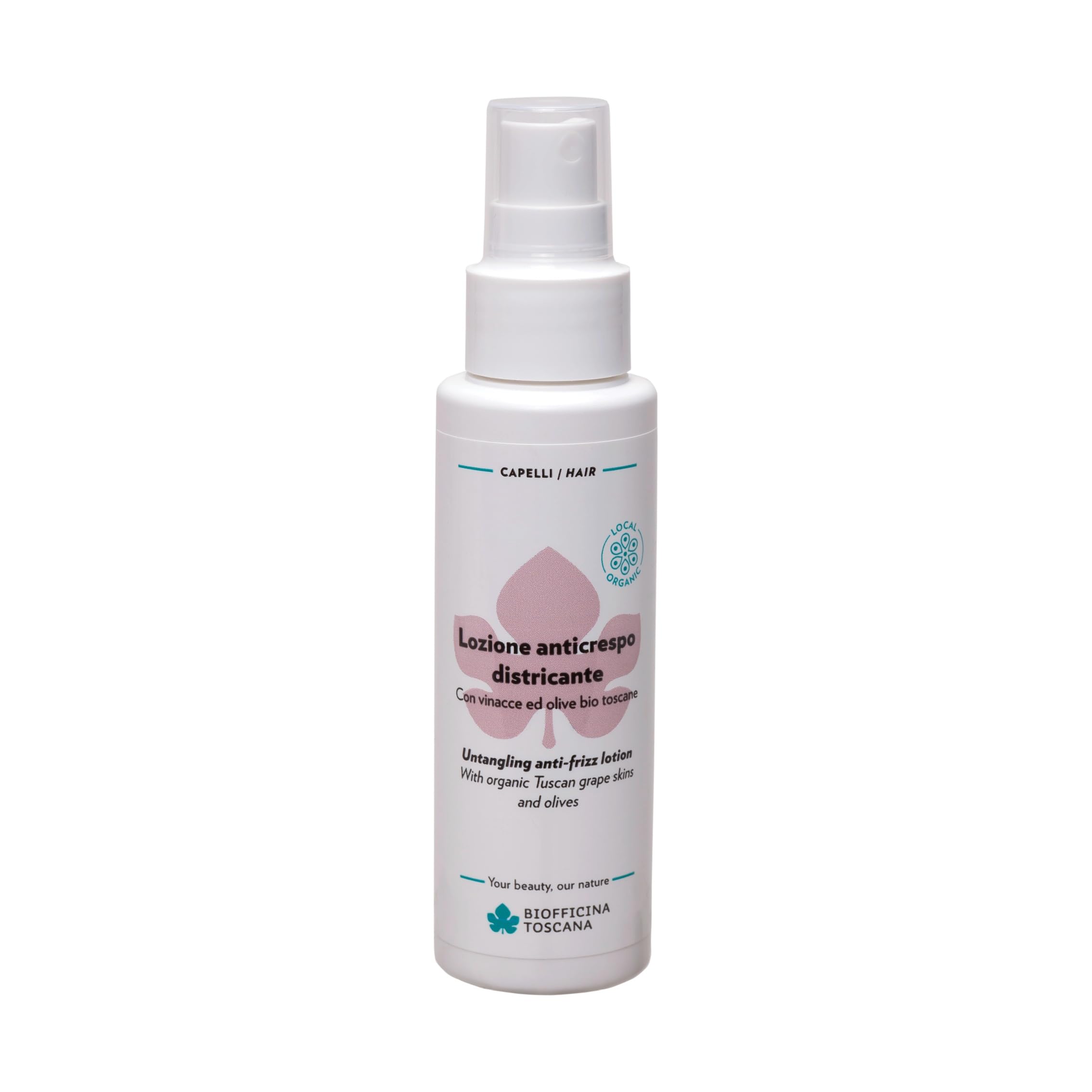 Biofficina Toscana Lozione spray anticrespo per capelli, 100 ml – Spray districante capelli con vinacce e olive bio – Trattamento disciplinante con Uviox®-​Oleox®, miele bio e proteine vegetali
