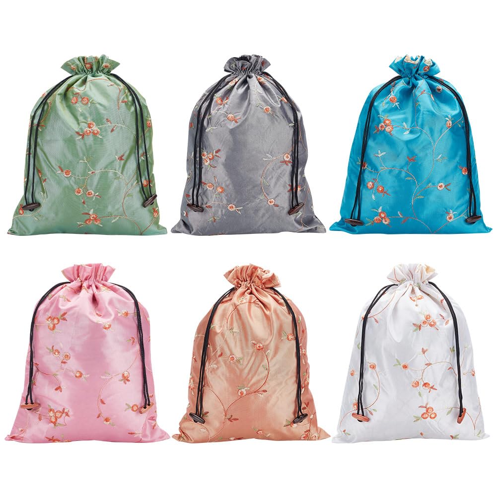 FREEBLOSS 6pcs Embroidered Silk Flower Design Travel Bag Chinese Silk Brocade Drawstring Laundry Bags Shoe Bags Brocade Jewelry Pouch Silk Underwear