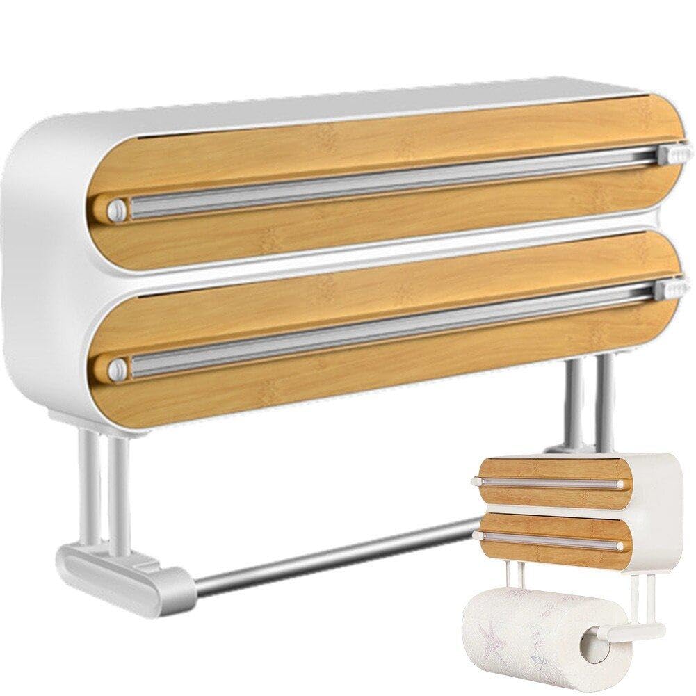 Dispensador De Película Adhesiva con Cortador, 3 En 1 Soporte para Rollo De Cocina Medro Muro De Aluminio Recargador De Aluminio Dispensador De Papel De Aluminio con Toalla De Papel