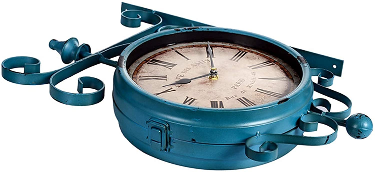 Horloge Murale,Horloge de Gare Double Face Bleue, Horloge de Jardin extérieure résistante aux intempéries, Rotation à 360 ° en Fer forgé, décoration rétro, horloges de Jardin extérieures pou