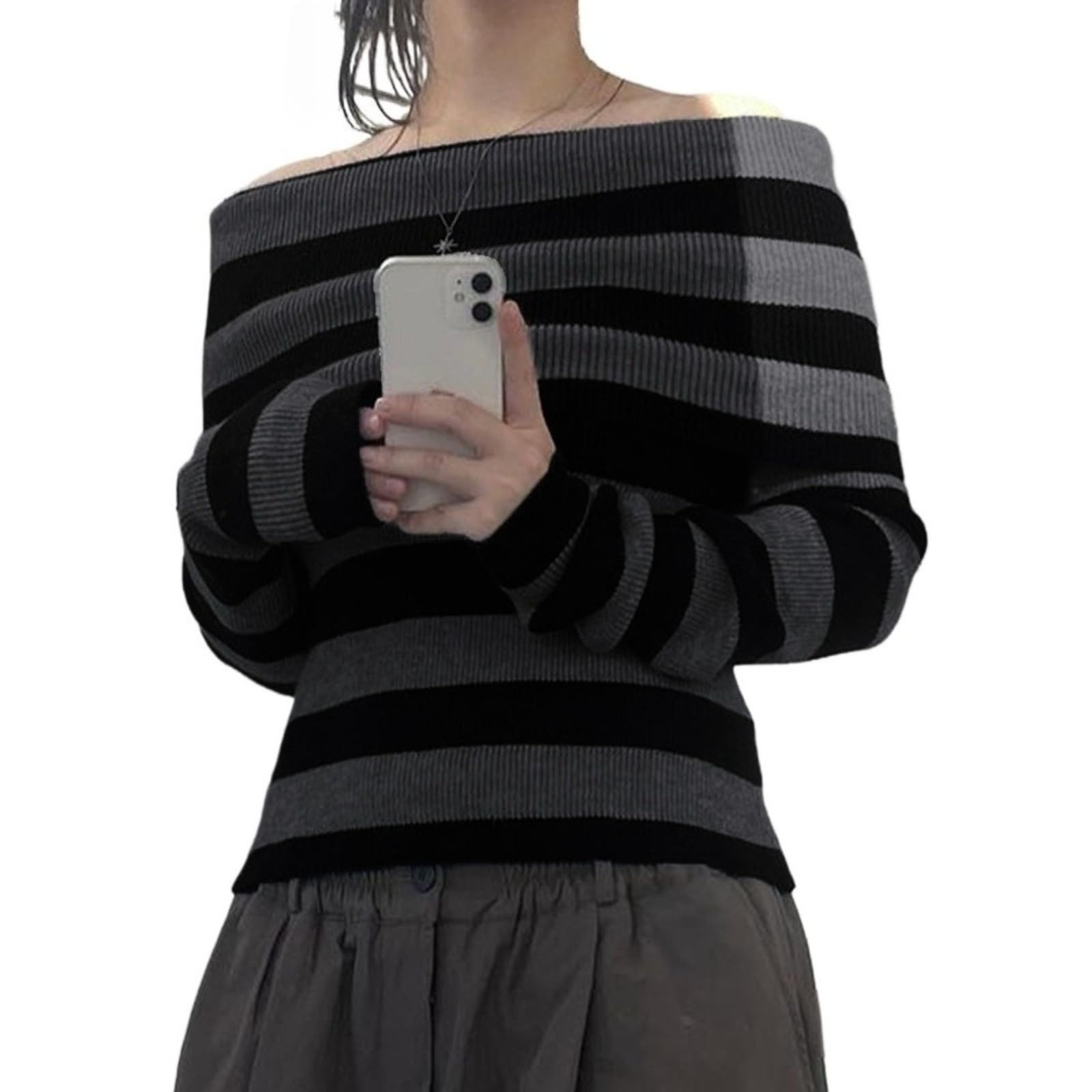 Women Striped Off Shoulder Sweater Y2k Grunge Aesthetic Clothes Vintage Alt Emo Scene Streetwear Punk Goth Knit Tops