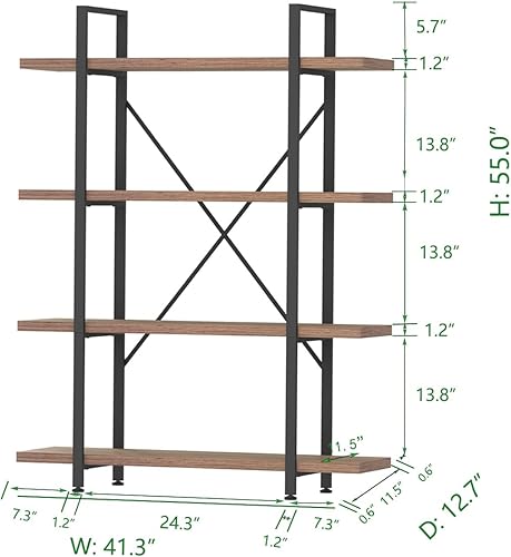 Miniatura 7 de HSH Estantería industrial de 4 niveles, moderna estantería de metal y madera de 4 estantes, estantería de almacenamiento abierta de granja, estantes