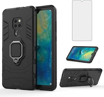 Phone Case for Huawei Mate 20 with Tempered Glass Screen Protector Cover and Magnetic Ring Holder Stand Kickstand Slim Hard Cell Accessories Huwai Hwauei Hawaii Mate20 P20 Boys Women Girls Cases Black