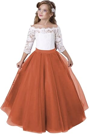 Girls Lace Tulle Princess Pageant Dress Long Sleeve Kids Flower Girl Dress for Wedding