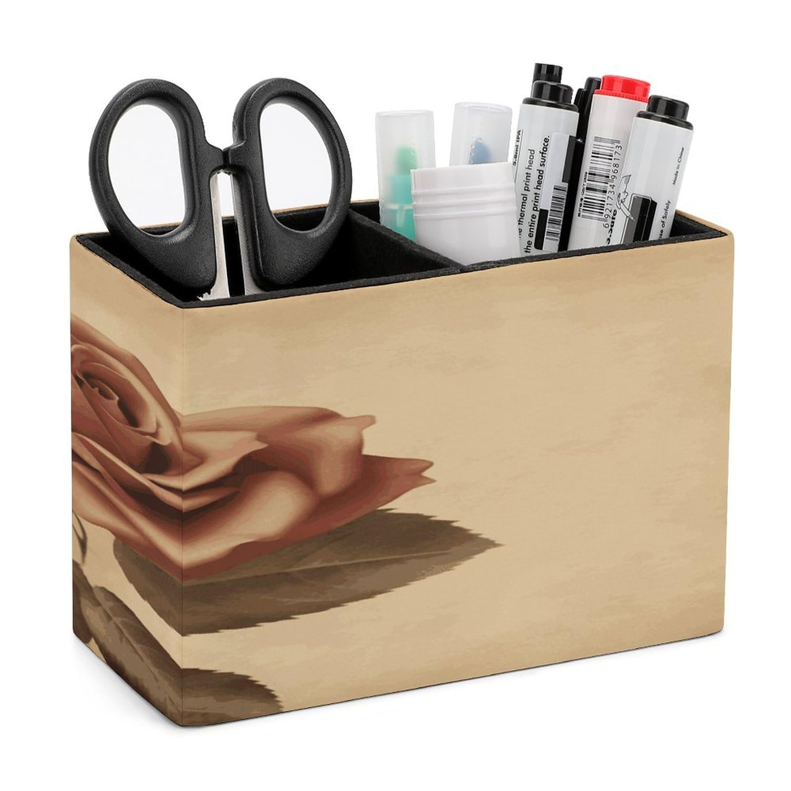 FekiLoot Vintage Rose Leather Pen Holder for Desk Double Compartments Brush Minimalist PU Leather Pencil Holder Locker Organizer for Work Locker Accessories Pencil Cup for Desk