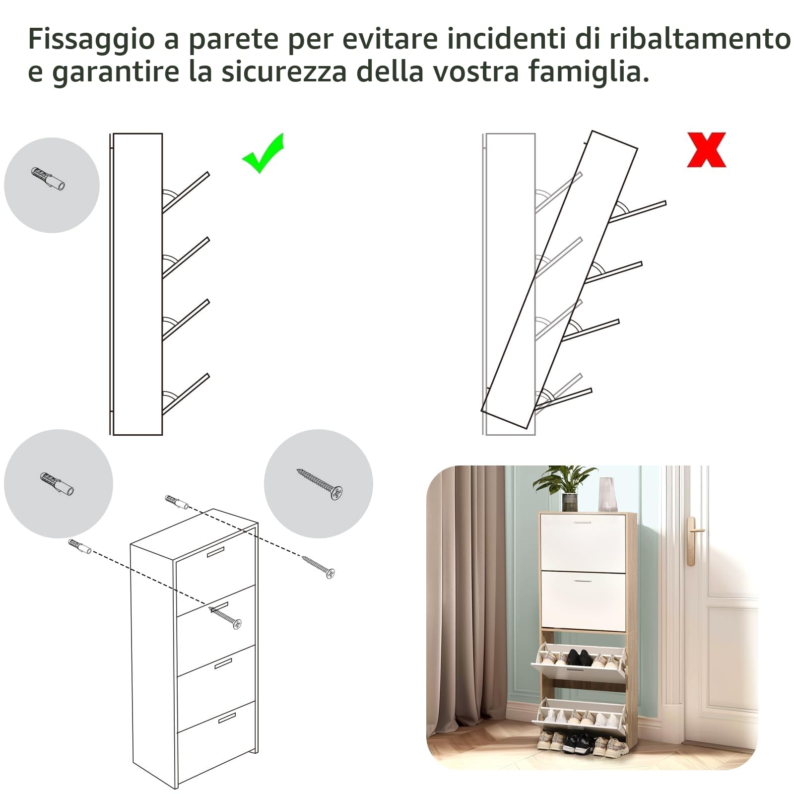 CASABEL Scarpiera 24 paia, ante bianche e struttura in legno chiaro
