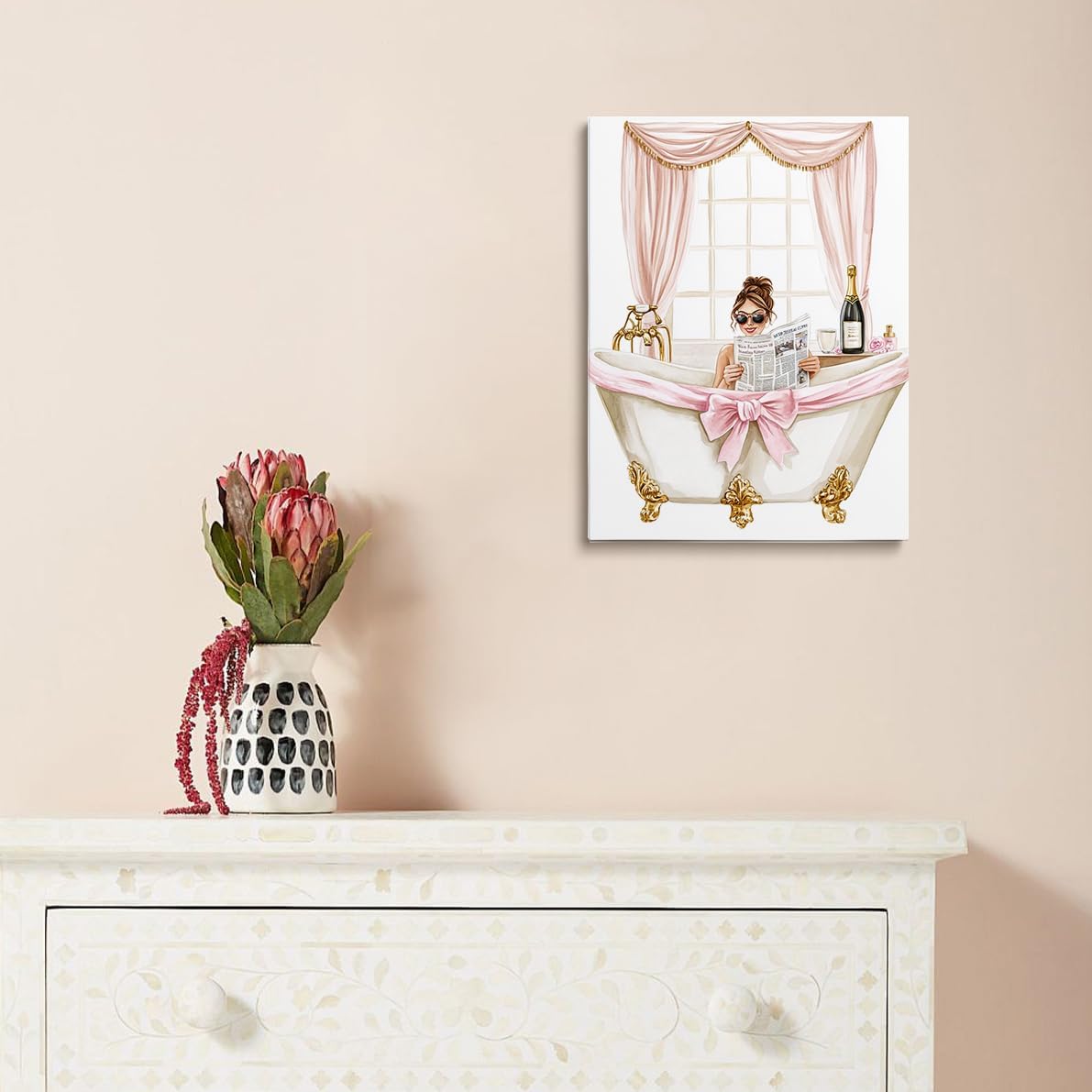 Chic Woman in Pink Bathtub Wall Art Glam Bathroom Canvas Poster Vintage Bow Champagne Wall Decor Print Posters for Vanity Room Powder Bath or Feminine Gift for Her 24x36in Large Frame wall art