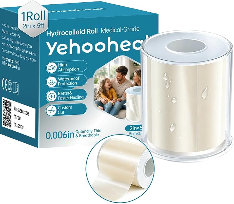 Medical Grade Hydrocolloid Roll with Storage Case-0.006in Optimally Thin Super Absorbent Hydrocolloid Bandages Pimple Patch Waterproof for Wound Care, Blister,Acne (2in*5ft)