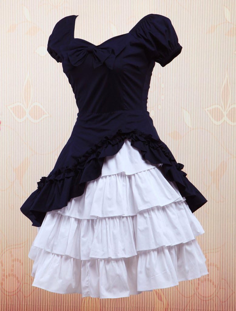 Hugme Cotton Short Sleeves Ruffle Bow Classic Lolita Dress Dark Navy
