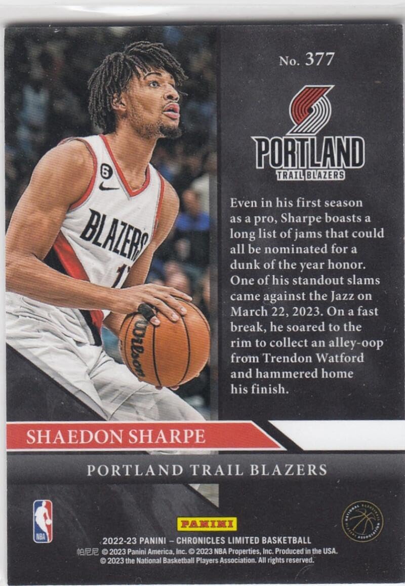 Basketball Trading Card NBA 2022-23 Panini Chronicles Blue #377 Shaedon Sharpe Limited NM Near Mint 82/99 Blazers