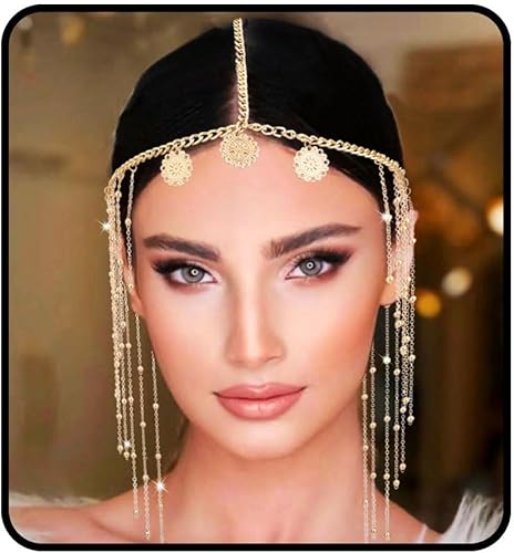 Yalice Cadena de cabeza de borla india, tocados de moneda dorada, con cuentas de diosa, cadena de cabello para fiesta de Halloween, para mujeres y
