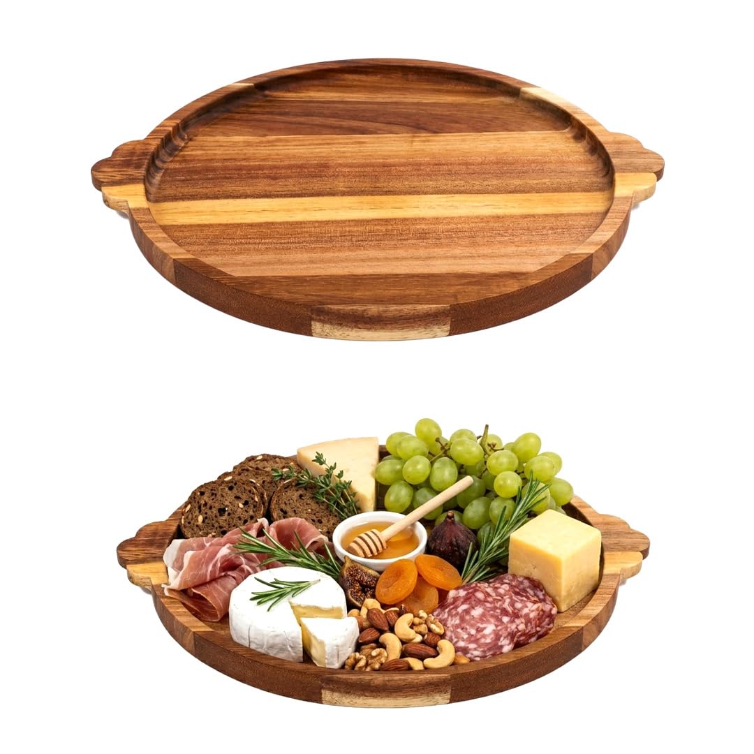 Photo 1 of Acacia Wood Round Serving Tray, 15.2" Charcuterie Board with Handles, Wooden Cheese Boards for Kitchen Countertop, Versatile Decorative Serving Tray for Coffee Table, Parties & Daily Dining