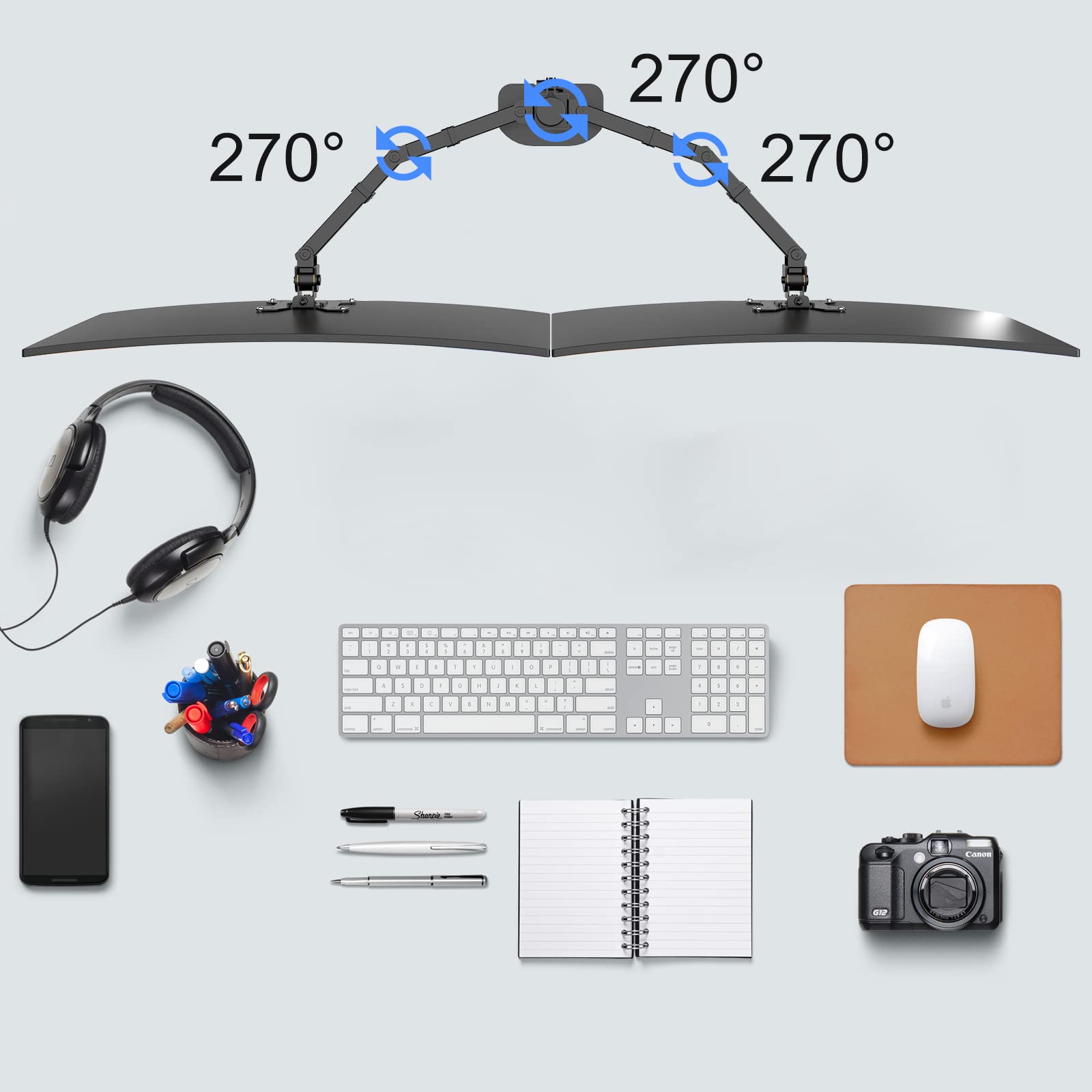 Pholiten Supporto Doppio Monitor per Schermo LED LCD da 13 a 27 Pollici,Rotazione a 360°,Dimensioni VESA 75/100, capacità di Peso Fino a 10 kg(Nero)