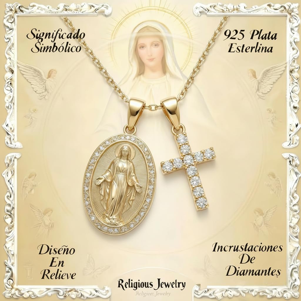 Two-Piece 14K Gold Plated Religious Necklace Set/Virgin Mary Medal and Diamond Cross Pendant S925 Sterling Silver Catholic Marian Devotion Baptism Gift for Women (Collar de la Virgen María)
