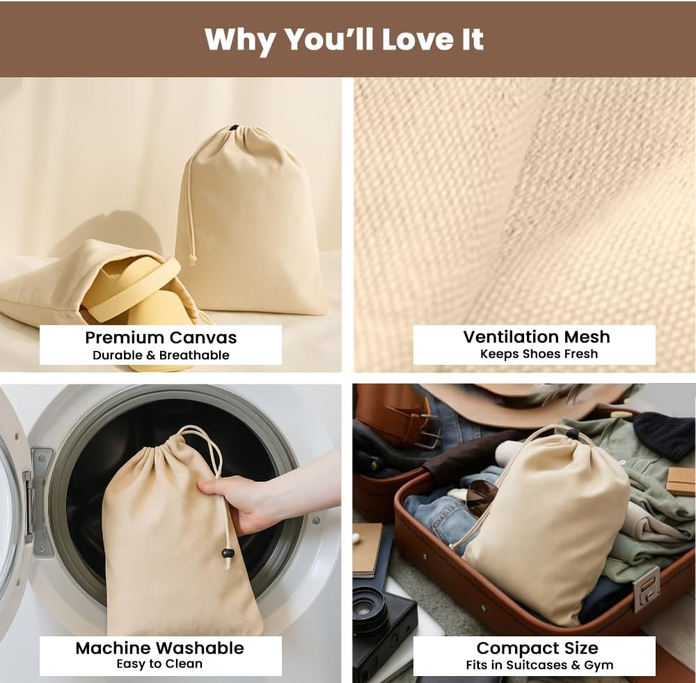 LFH Cotton Shoe Storage Bags with Drawstring, Dustproof Breathable Reusable Organizer, Perfect For Travel, Dorm, Hotel, College, Gym, Easy to Carry, Machine Washable 8"x17" (Pack of 4) - Natural