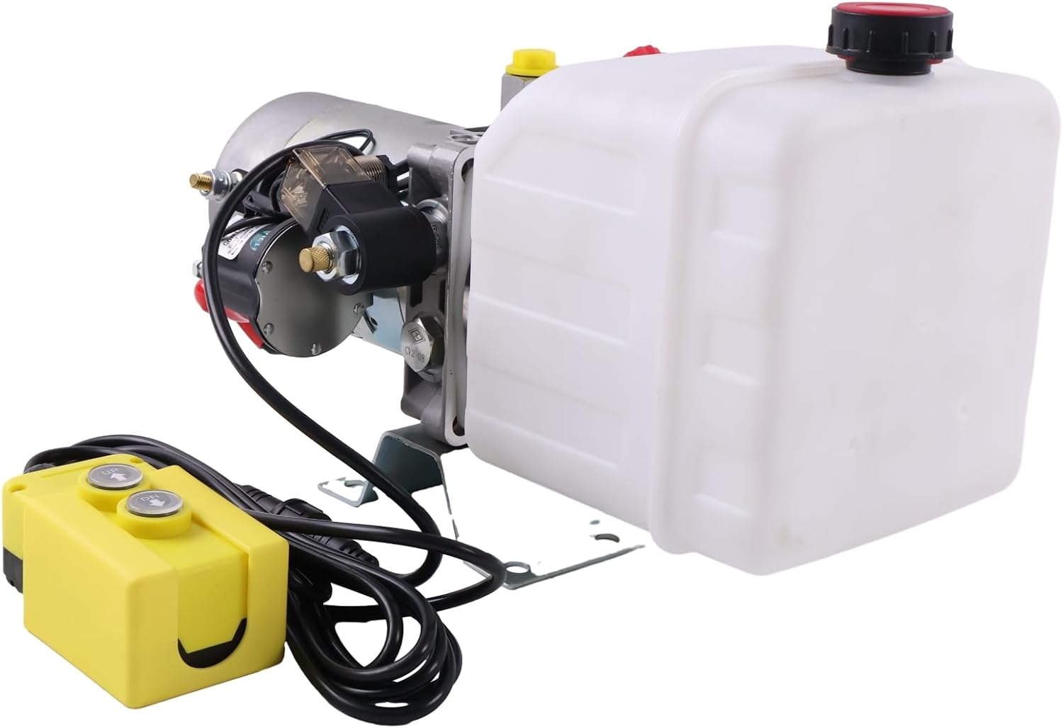 Solarhome 12V DC Single Acting Hydraulic Power Unit Plastic Tank 4 Quart 1.6KW 2600PSI 1.1GPM with Remote Control SAE 8 Ports Flange with 4 Holes Through