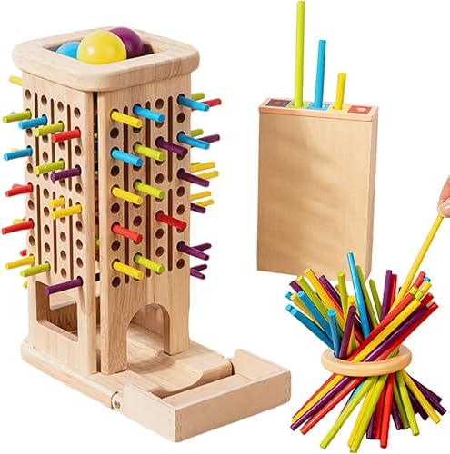 Montessori 3-in-1 Wooden Balance Tower Toy with Sticks, Family Fun Ball Drop Game Reusable Early Education Wooden Board Game Interactive Game
