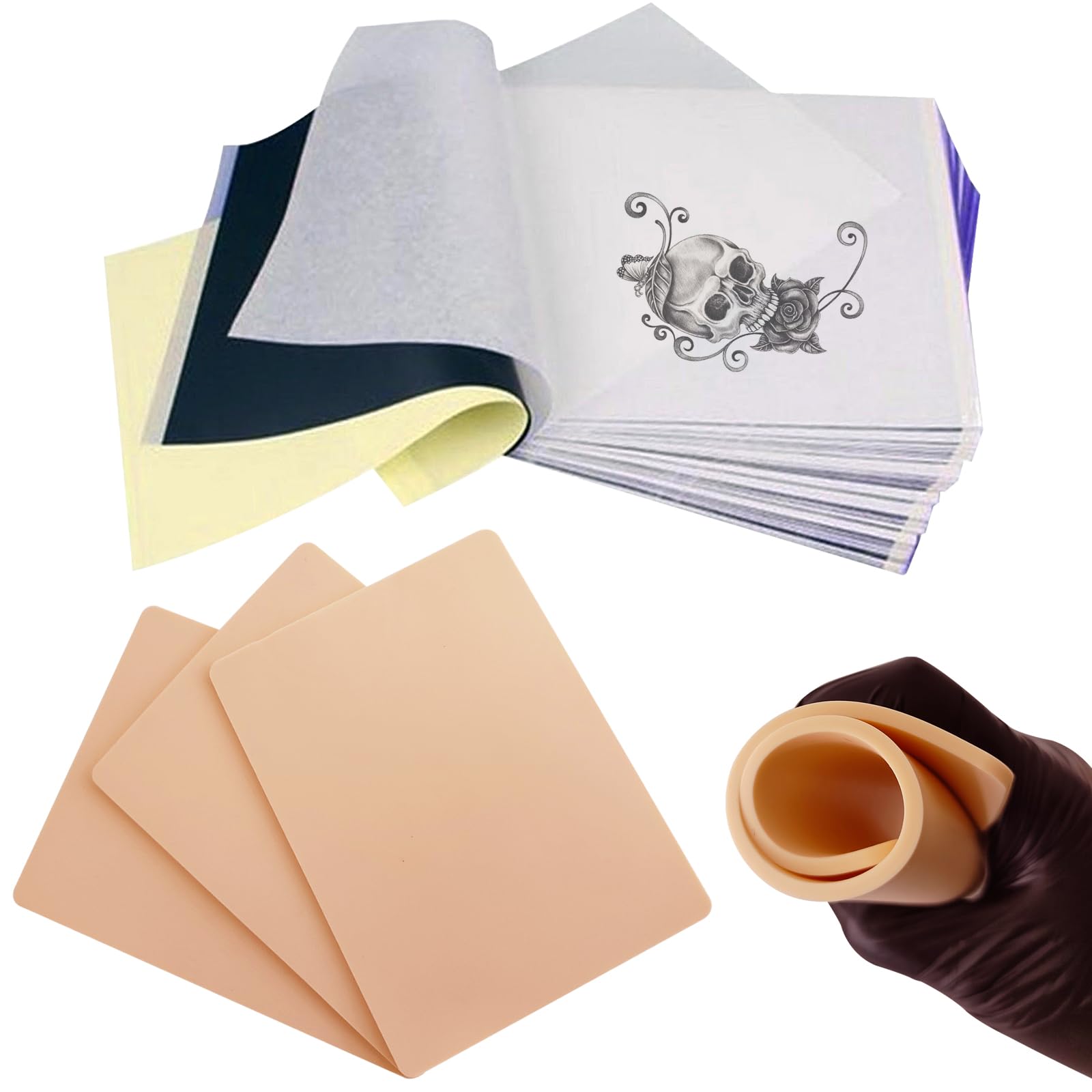 Emalla 3pcs Tattoo Fake Skin with 20pcs Transfer Paper set Tattoo Practice Skin and Stencil Paper for Beginners and Artists