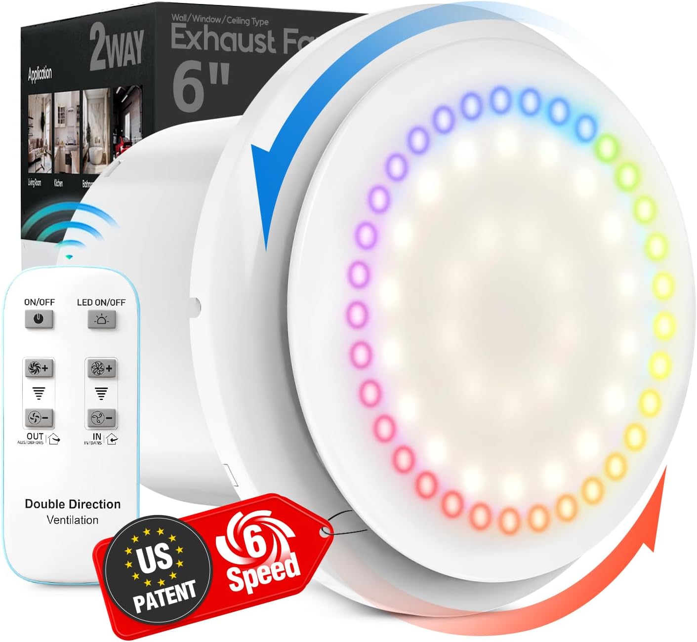Bathroom Exhaust Fan with Light, 10 RGB Lights Upgraded 2 Way 6 Speed Bathroom Fan with Light & Remote DC Motor 3000 RPM Energy Saving Household Ventilation Fans for Attic Basement Garage P208A