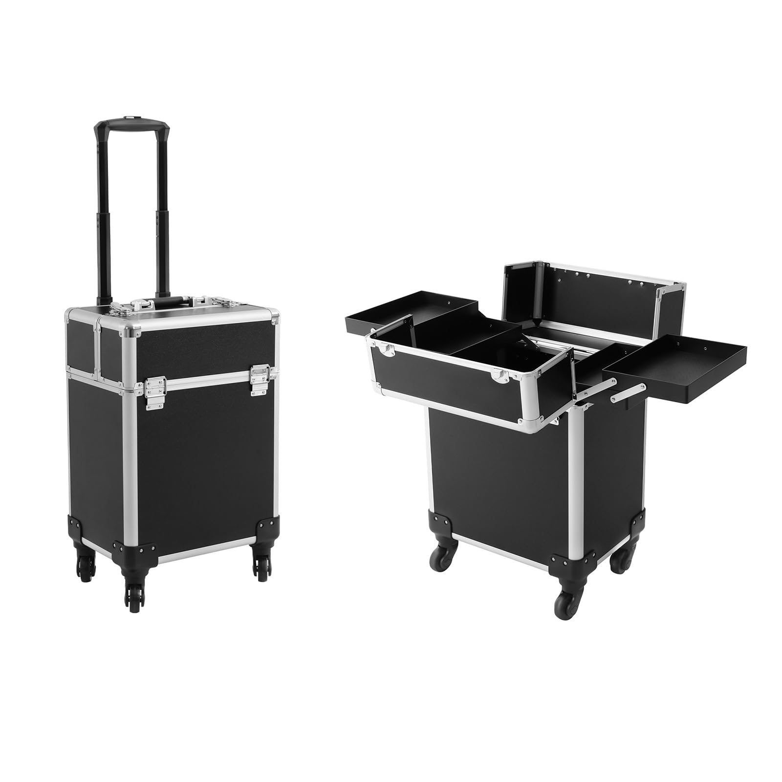 Kosmetikkoffer Trolley,Hartschale Schminkkoffer für Damen mit Rollen, Alu Beauty Case Nagelkoffer Multikoffer, Großer Stauraum & Robuste Konstruktion 34x24x47cm Schwarz
