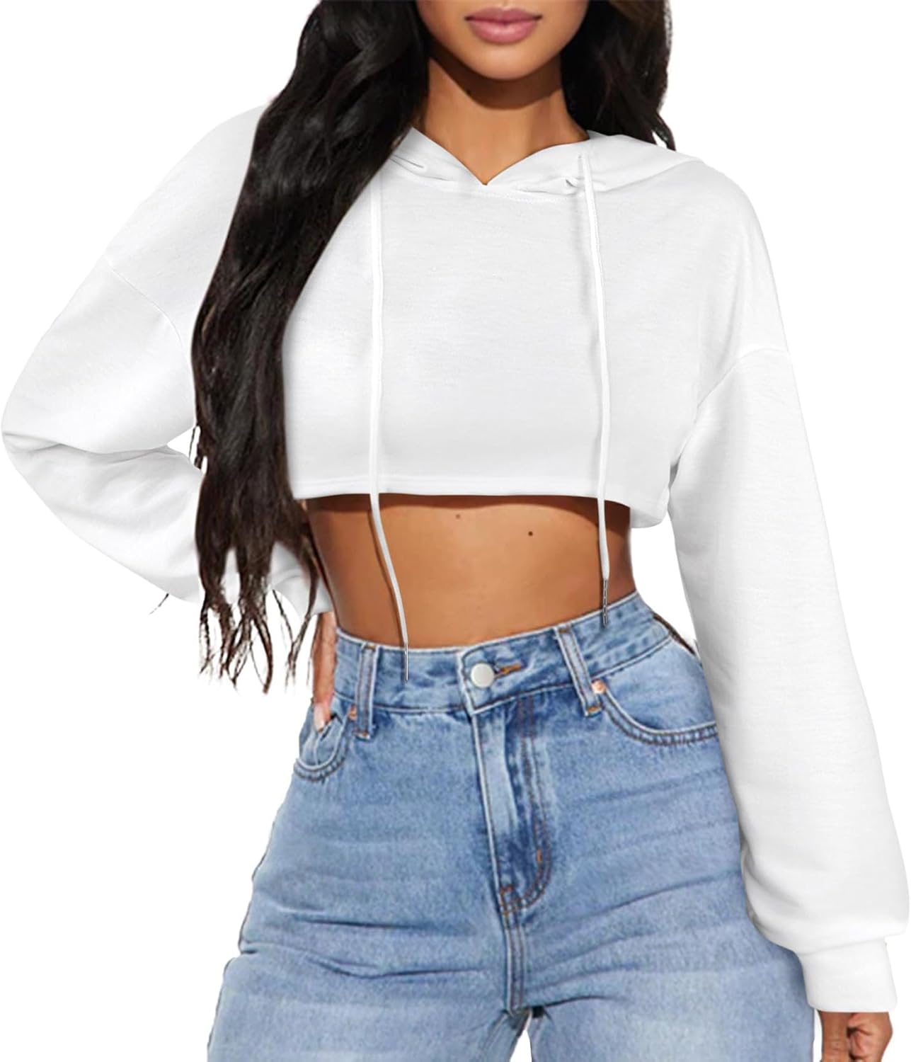 LovelyWholesale Women Cropped Hoodie Cute Long Sleeve Pullover Sweatshirts